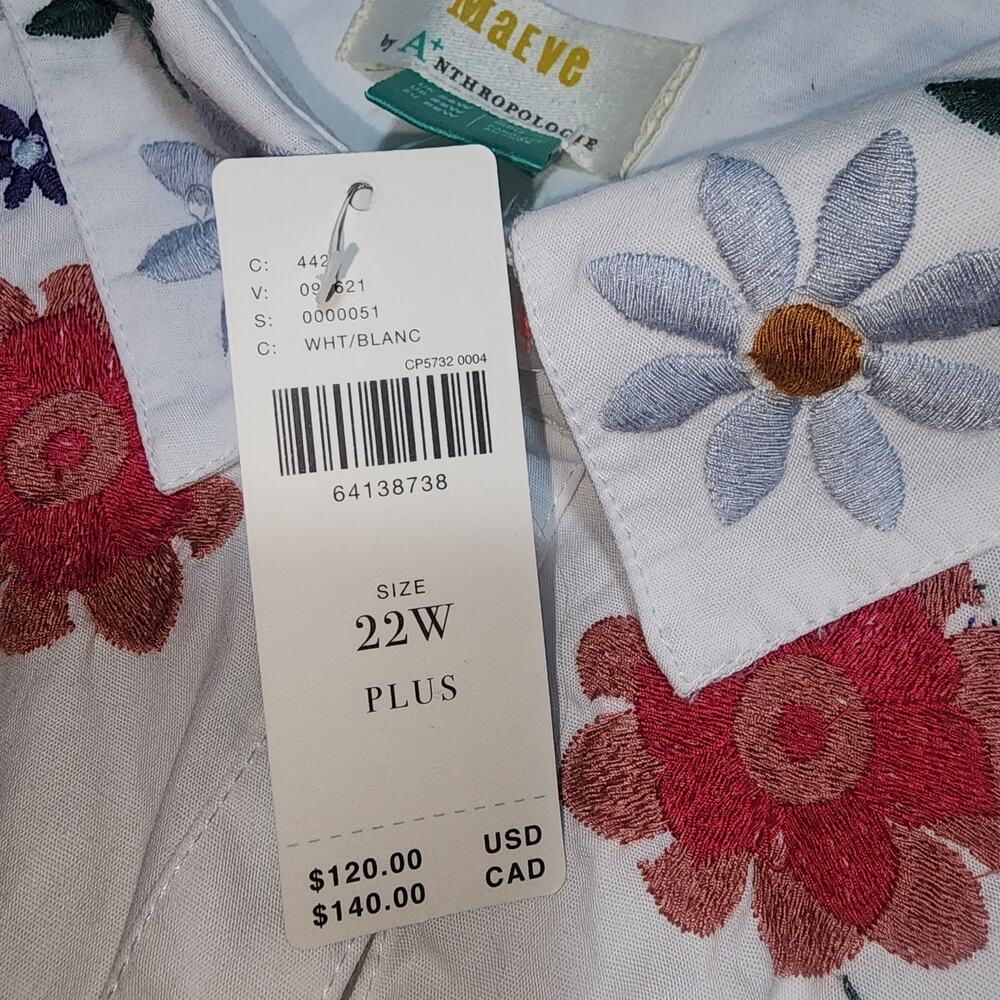 MAEVE for ANTHROPOLOGIE sz 22W Embroidered Floral White Button down Blouse Shirt - Picture 7 of 7